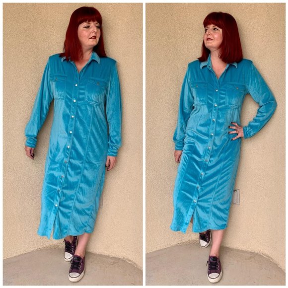 Vintage Dresses & Skirts - Vintage 1990s Turquoise Velour Snap Up Dress